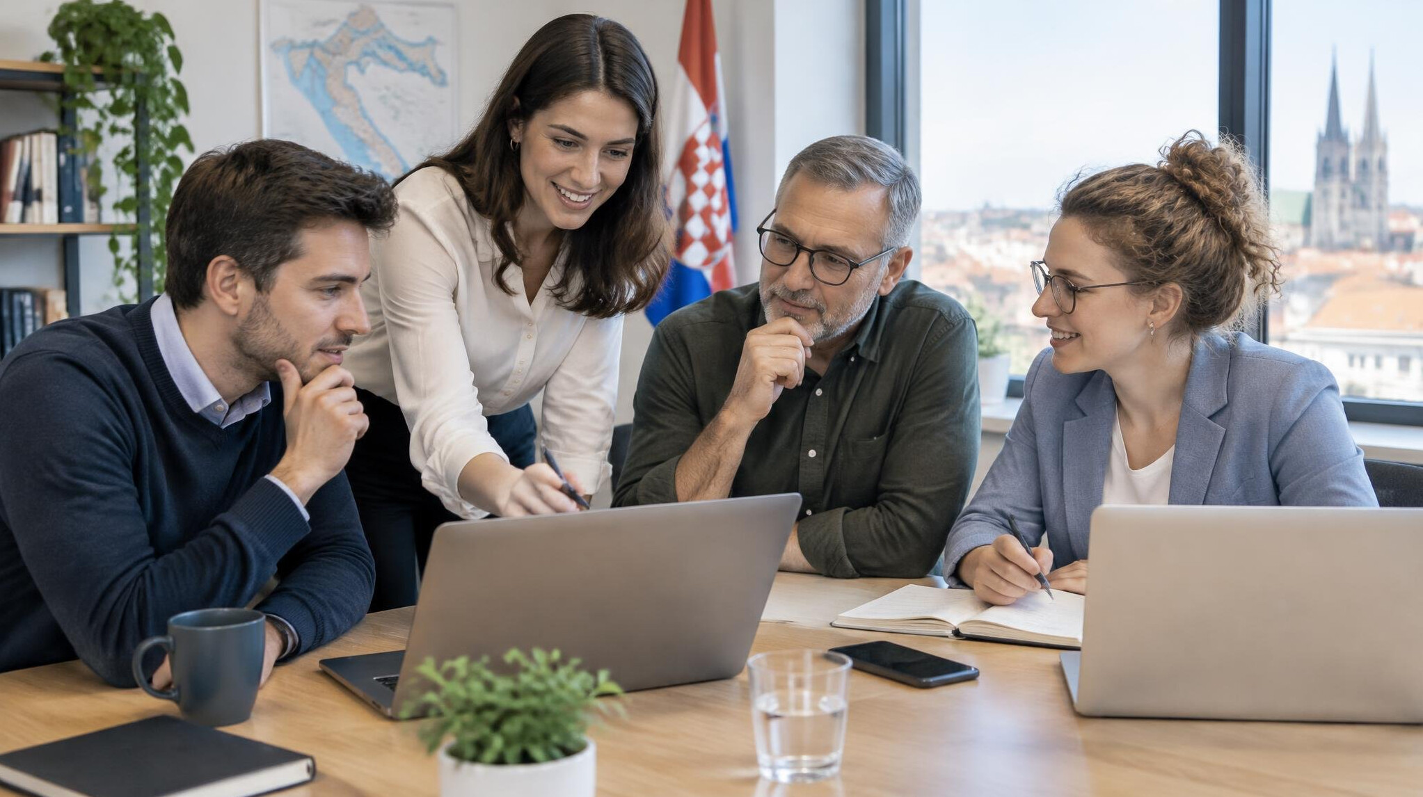 Team of colleagues collaborating around a table with laptops